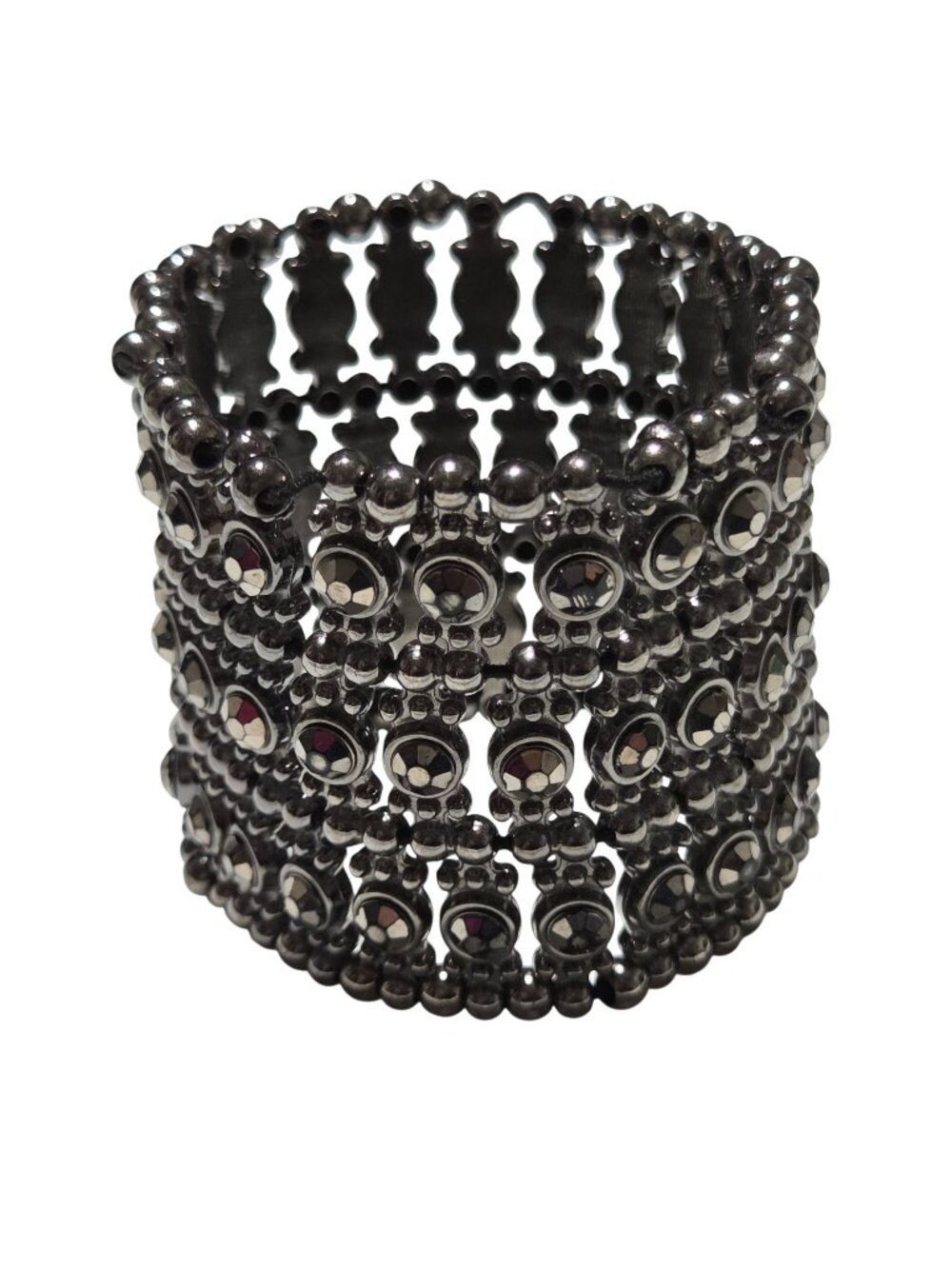 Wide Silver Metallic Stretch Bracelet Beaded Detailing Statement Jewelry Women